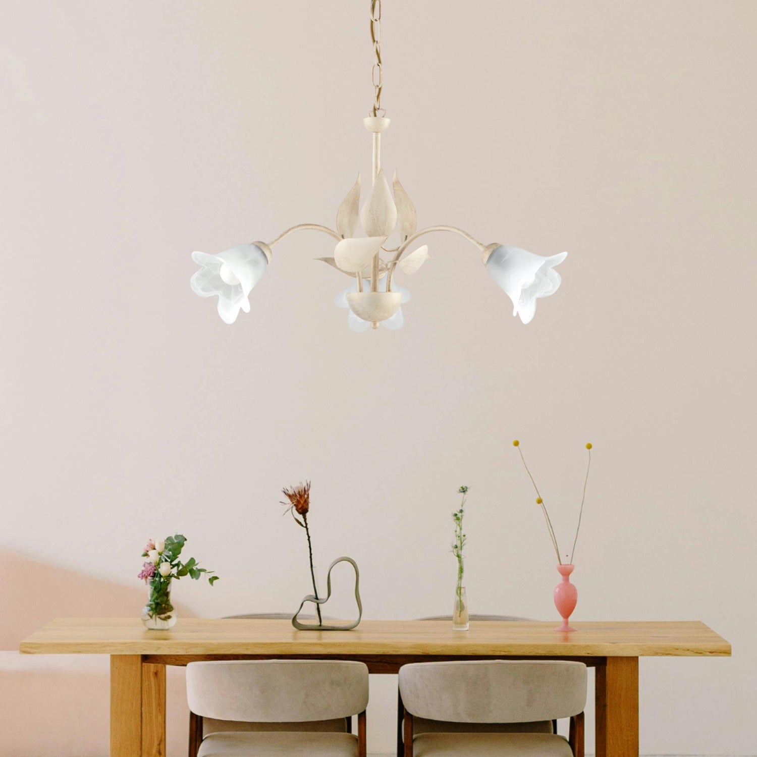 Lampadario 3 Luci Olga Ferro Battuto E Vetro Avorio E Oro