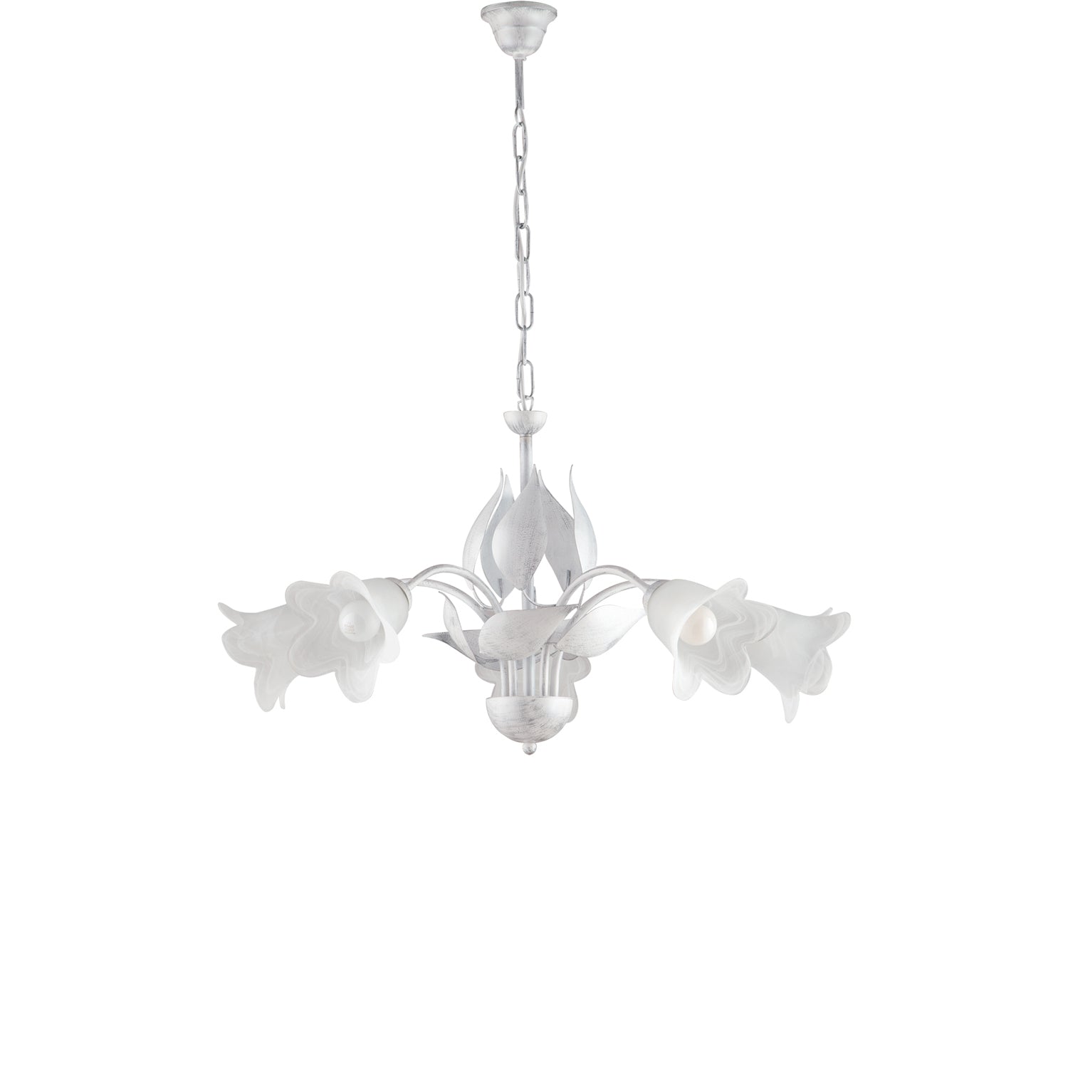 Lampadario 5 Luci Olga Ferro Battuto E Vetro Bianco E Argento