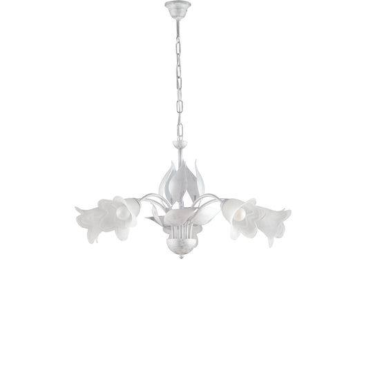 Lampadario 5 Luci Olga Ferro Battuto E Vetro Bianco E Argento