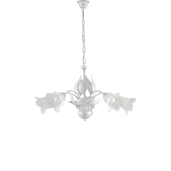 Lampadario 5 Luci Olga Ferro Battuto E Vetro Bianco E Argento