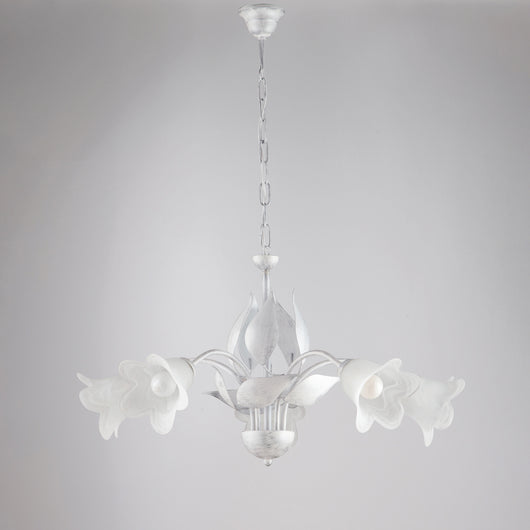 Lampadario 5 Luci Olga Ferro Battuto E Vetro Bianco E Argento