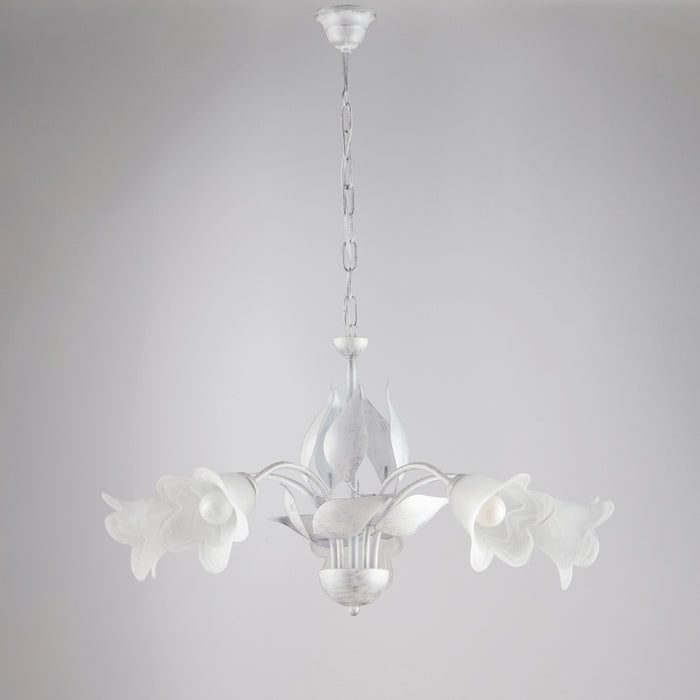 Lampadario 5 Luci Olga Ferro Battuto E Vetro Bianco E Argento