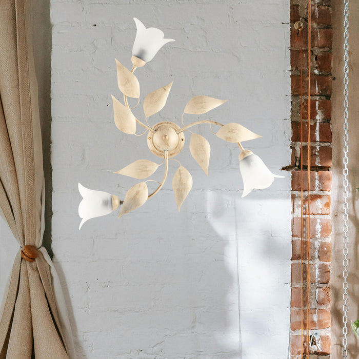 Plafoniera 3 Luci Olga Ferro Battuto E Vetro Avorio E Oro