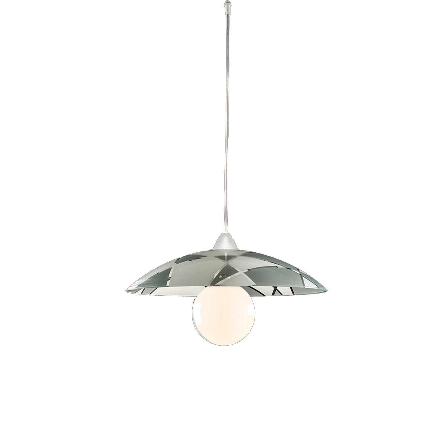 Sospensione Diam.40 Cm 1 Luce Plastica Vetro Serigrafato Bianco E Grigio Serie Trapezio