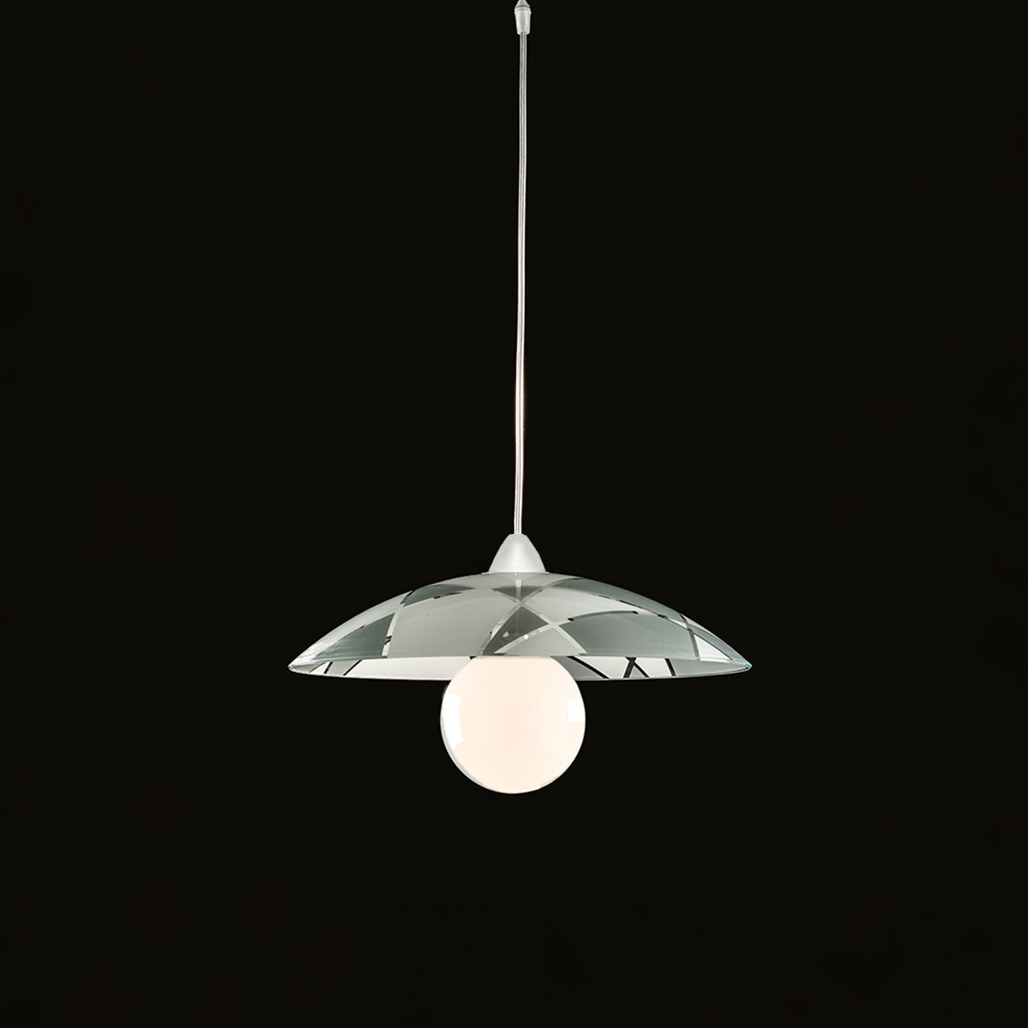Sospensione Diam.40 Cm 1 Luce Plastica Vetro Serigrafato Bianco E Grigio Serie Trapezio