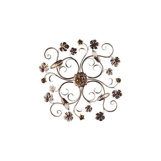 Plafoniera Iris 4 Luci Arte Povera Con Foglie In Ferro Marrone E Oro