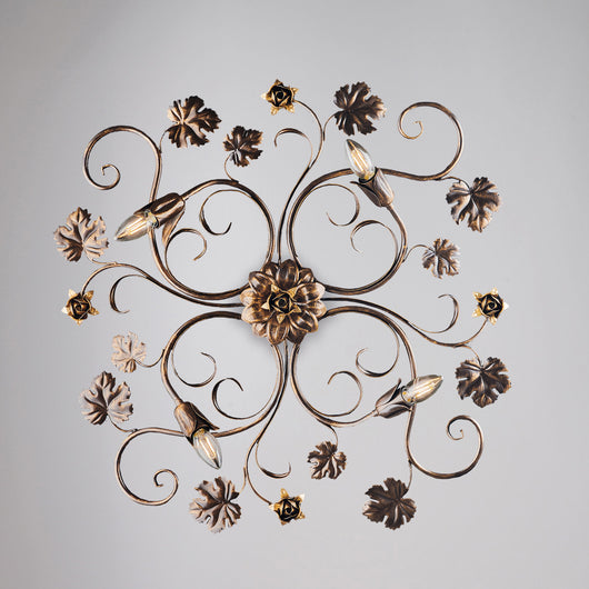 Plafoniera Iris 4 Luci Arte Povera Con Foglie In Ferro Marrone E Oro