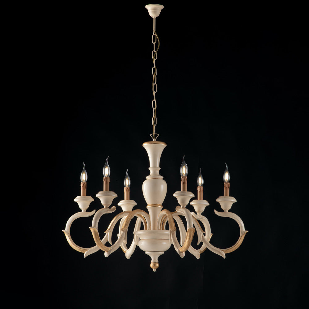 Lampadario Shabby Chic Fiorenza Legno Avorio Oro 6 Luci E14