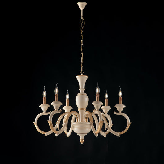 Lampadario Shabby Chic Fiorenza Legno Avorio Oro 6 Luci E14
