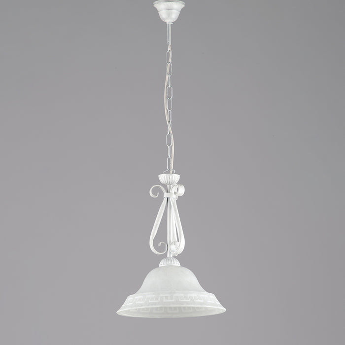 Sospensione Country Chic 1 Luce Ferro Battuto Vetro Bianco e Argento Serie Atene