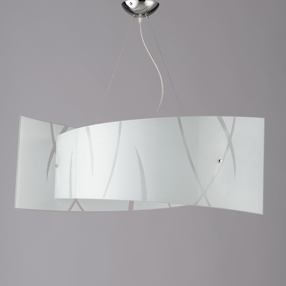 Sospensione Moderna 4 Luci Vetro Asimmetrico Bianco Serigrafato Serie Akyra
