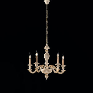 Lampadario Shabby Chic Leonardo Legno Avorio Oro 5 Luci E14