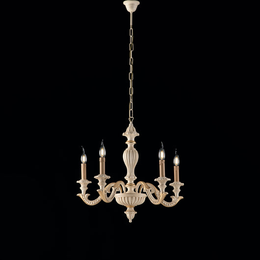 Lampadario Shabby Chic Leonardo Legno Avorio Oro 5 Luci E14
