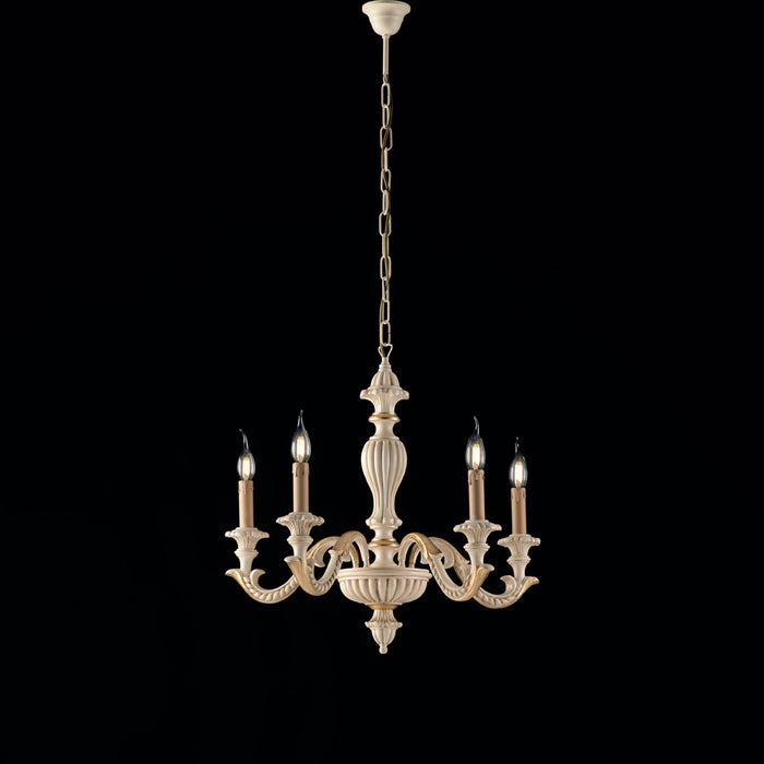 Lampadario Shabby Chic Leonardo Legno Avorio Oro 5 Luci E14
