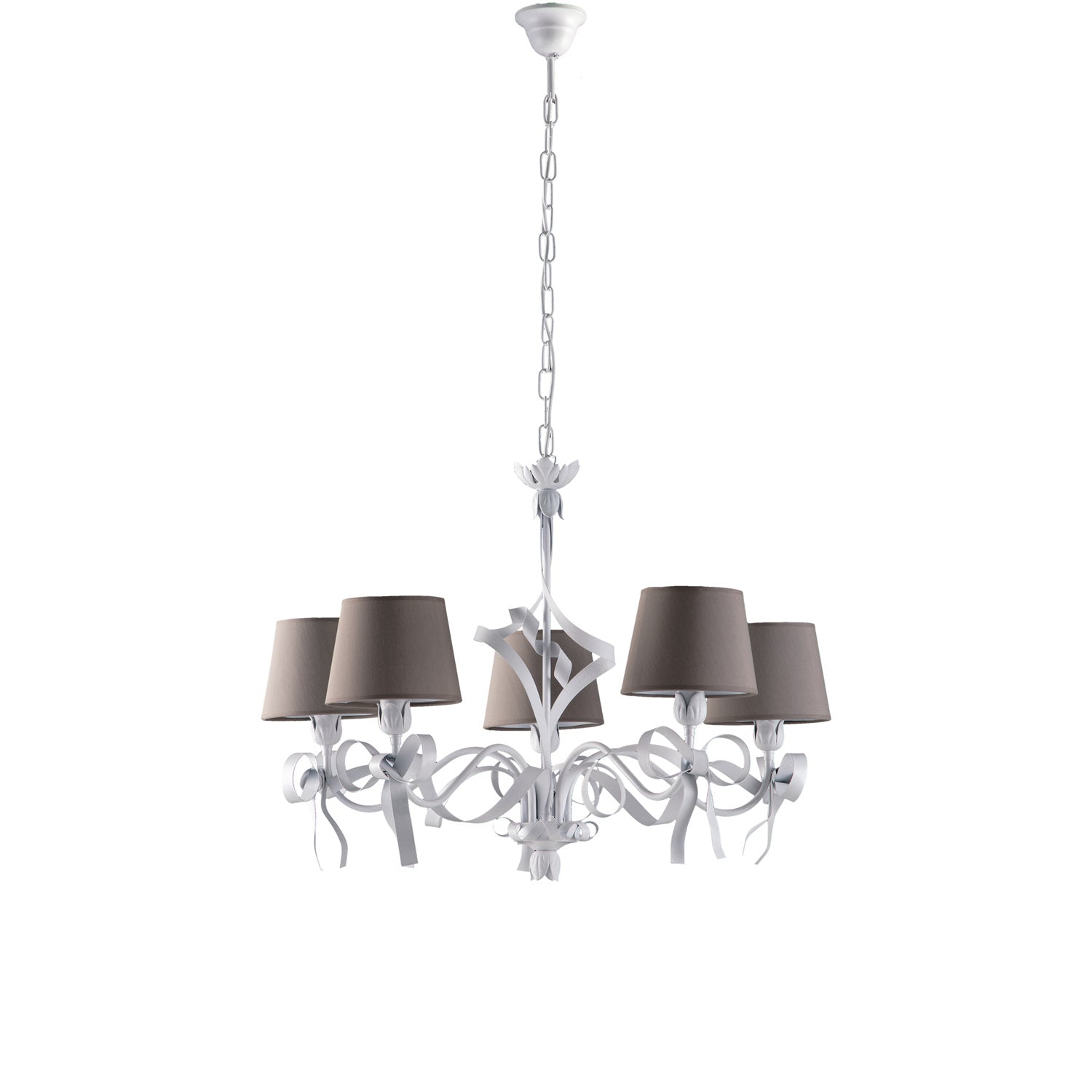 Lampadario Shabby Chic Lucy Bianco 5 Luci Paralumi Tortora