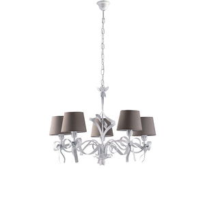 Lampadario Shabby Chic Lucy Bianco 5 Luci Paralumi Tortora