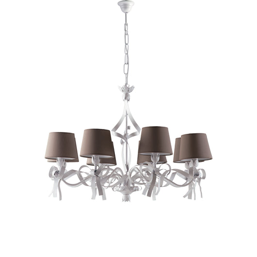 Lampadario Shabby Chic Lucy Bianco 8 Luci Paralumi Tortora