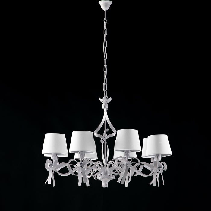Lampadario Shabby Chic Lucy Bianco 8 Luci Paralumi Bianchi