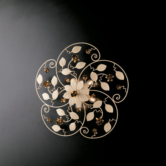 Plafoniera Shabby Chic Bella Metallo Avorio Oro 5 Luci E14