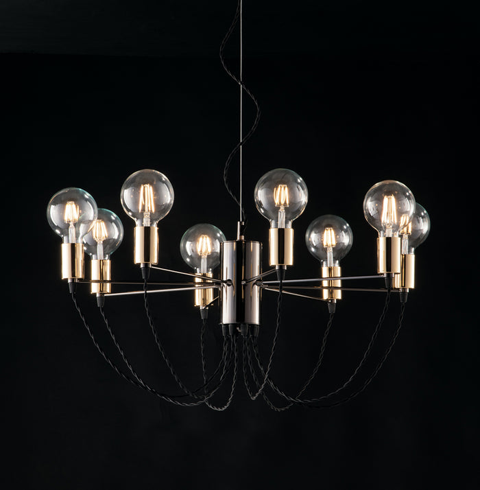 Lampadario A Sospensione Design Moderno Cromo Nero E Rifiniture Oro 8 Luci Flex
