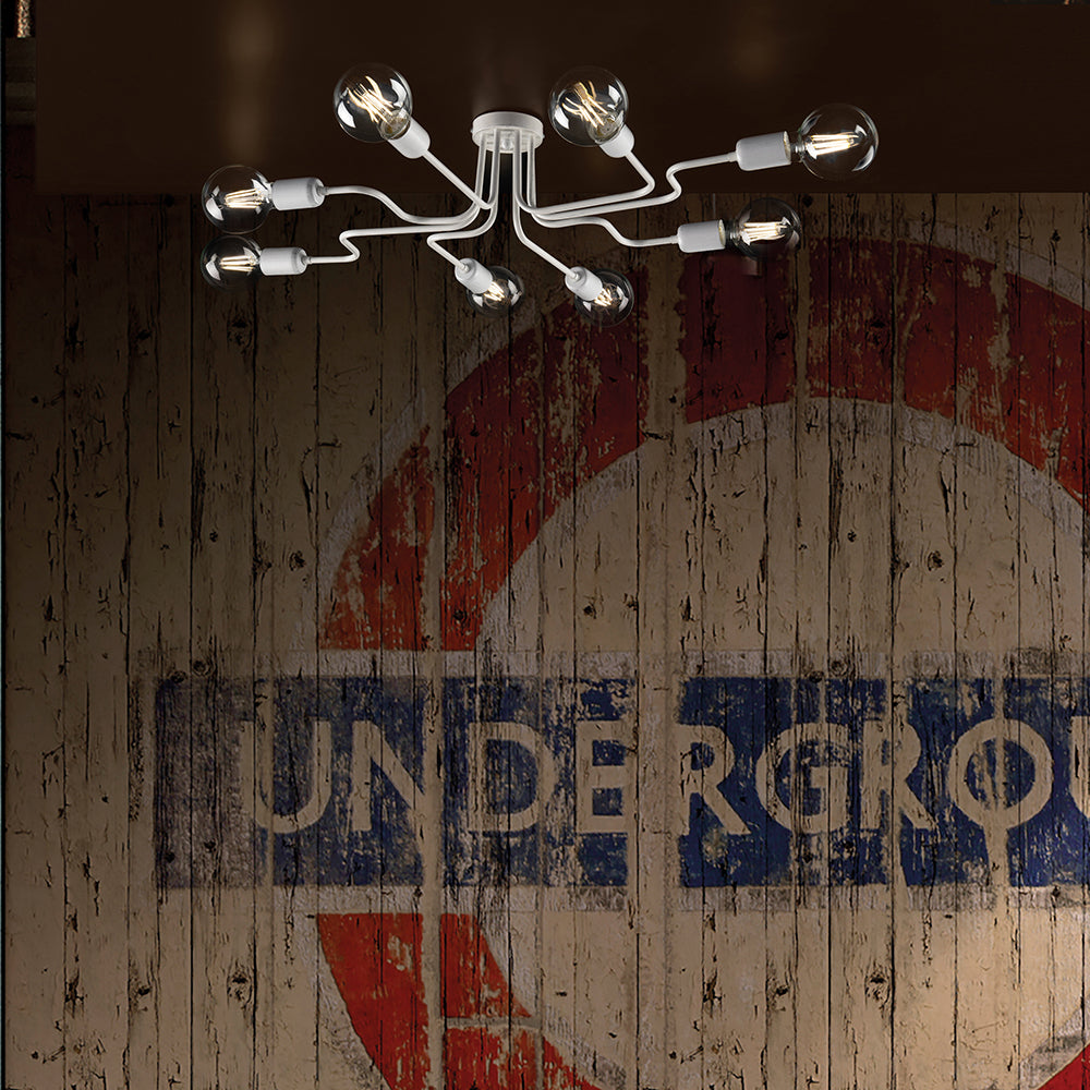 Plafoniera Industrial 8 Luci Ferro Bianco E Argento Serie Loft