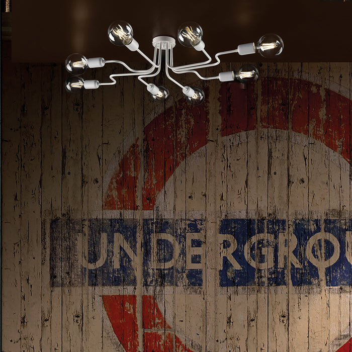 Plafoniera Industrial 8 Luci Ferro Bianco E Argento Serie Loft