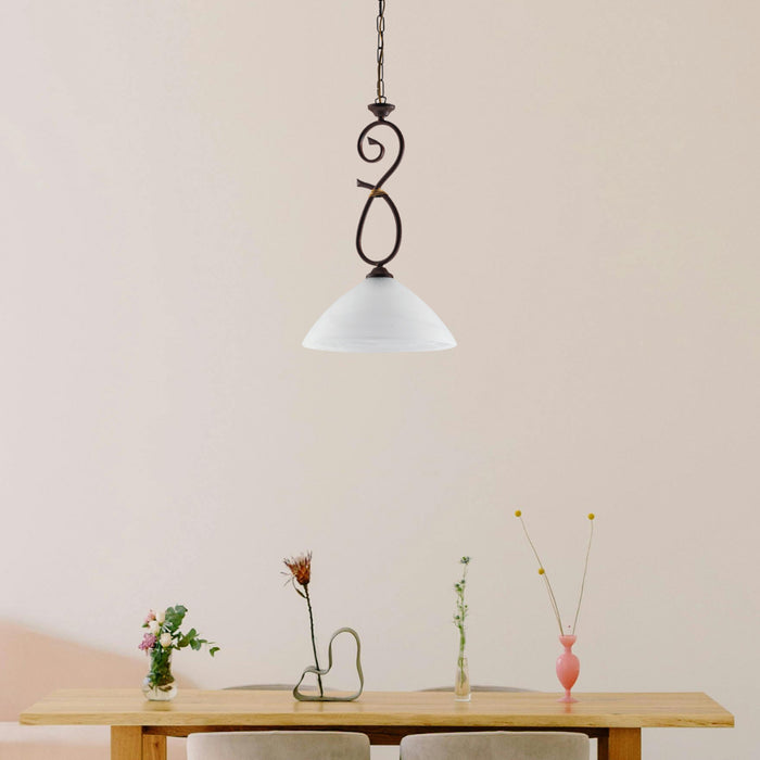 Sospensione Luce 1 Dallas BeLight Ferro Battuto Nero e Ruggine Vetro Bianco