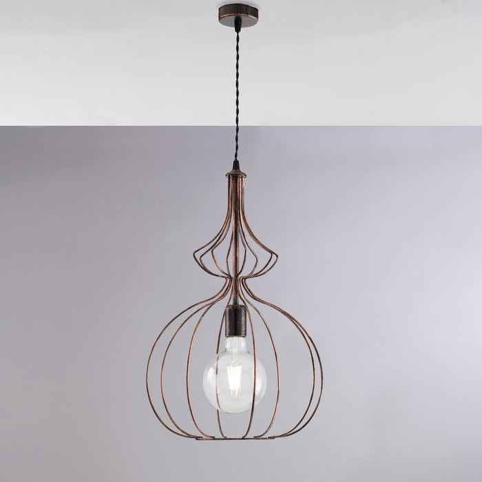 Sospensione Industrial 1 Luce Olimpia Gabbia Ferro Laccato Nero E Rame