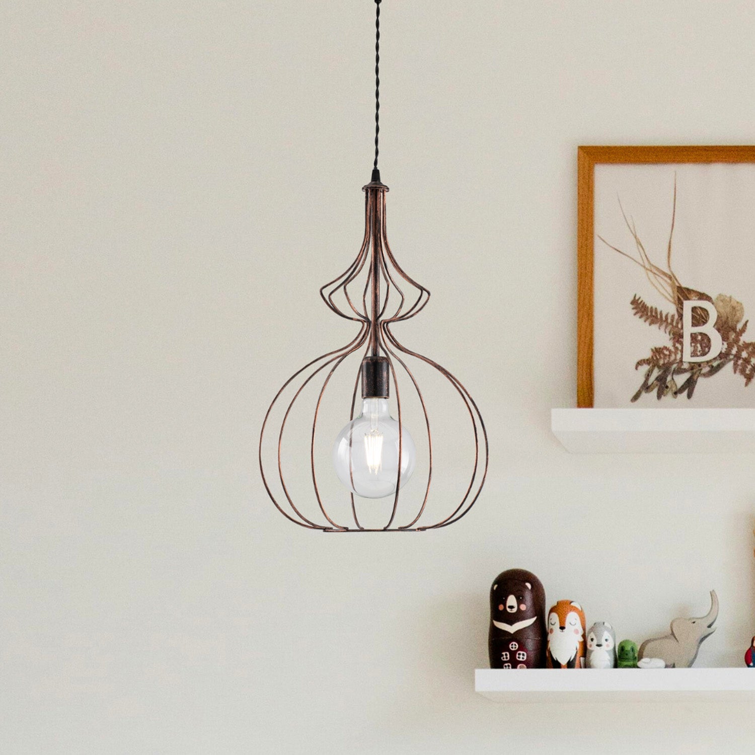 Sospensione Industrial 1 Luce Olimpia Gabbia Ferro Laccato Nero E Rame