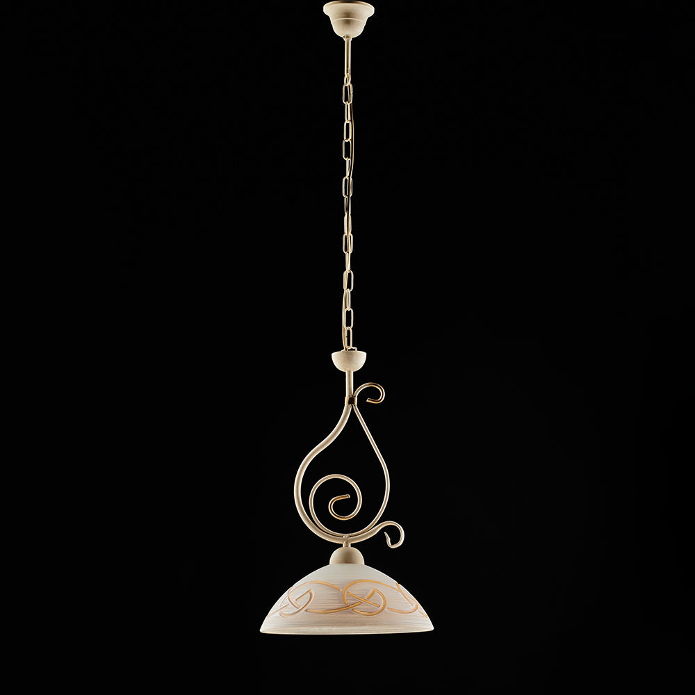 Sospensione Rustica 1Luce Ferro Battuto Avorio E Oro Vetro Ambra Serie Faraone