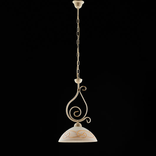 Sospensione Rustica 1Luce Ferro Battuto Avorio E Oro Vetro Ambra Serie Faraone