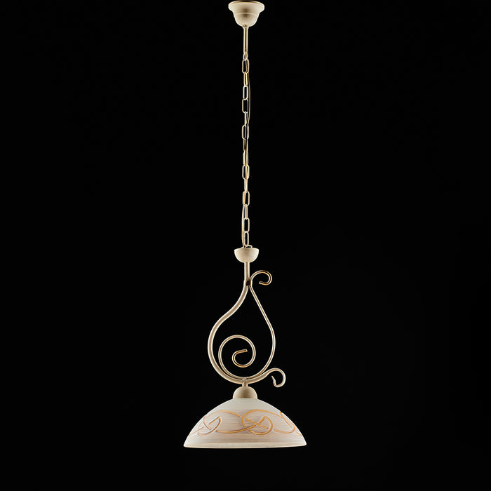 Sospensione Rustica 1Luce Ferro Battuto Avorio E Oro Vetro Ambra Serie Faraone