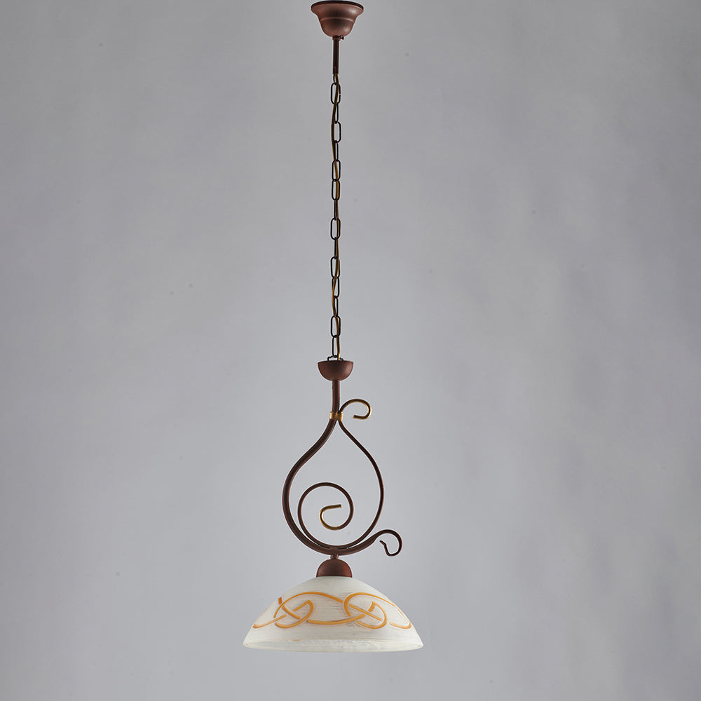 Sospensione Rustica 1Luce Ferro Battuto Nero Ruggine Vetro Ambra Serie Faraone