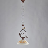 Sospensione Rustica 1Luce Ferro Battuto Nero Ruggine Vetro Ambra Serie Faraone