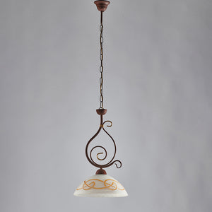 Sospensione Rustica 1Luce Ferro Battuto Nero Ruggine Vetro Ambra Serie Faraone