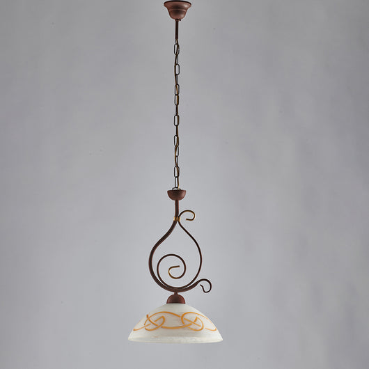 Sospensione Rustica 1Luce Ferro Battuto Nero Ruggine Vetro Ambra Serie Faraone