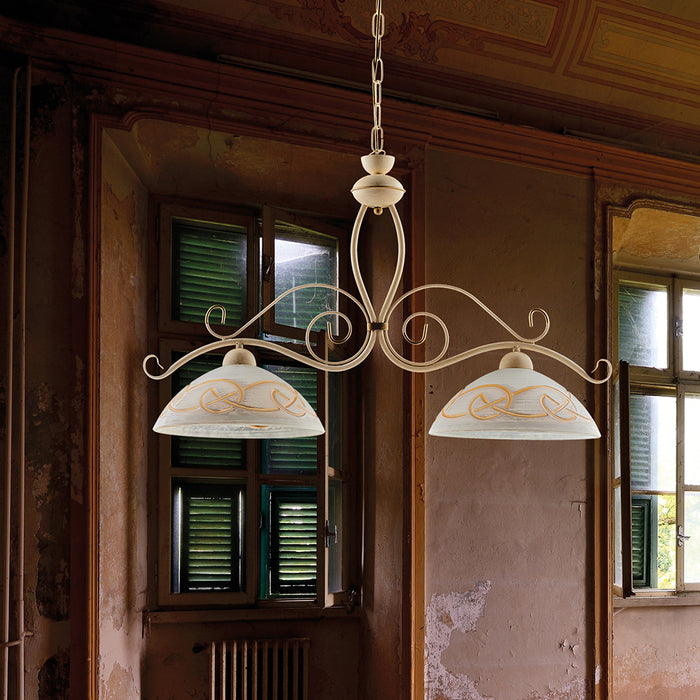 Bilanciere Rustico 2Luci Ferro Battuto Avorio E Oro Vetro Ambra Serie Faraone