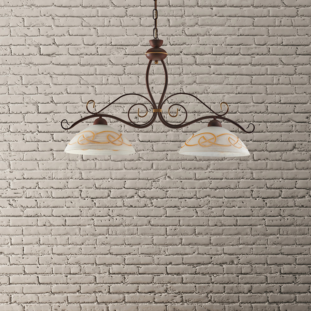 Bilanciere Rustico 2Luci Ferro Battuto Nero E Ruggine Vetro Ambra Serie Faraone