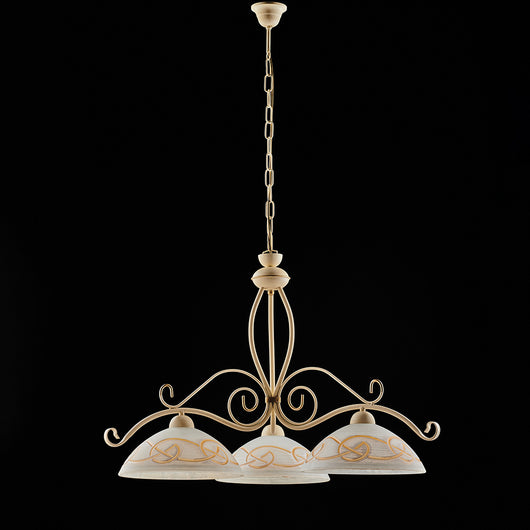 Lampadario Rustico 3Luci Ferro Battuto Avorio e Oro Vetro Ambra Serie Faraone