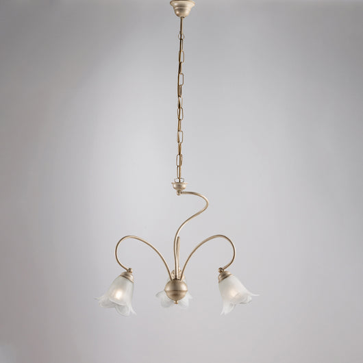 Lampadario 3 Luci Alice Ferro Battuto Avorio E Oro Vetro Bianco