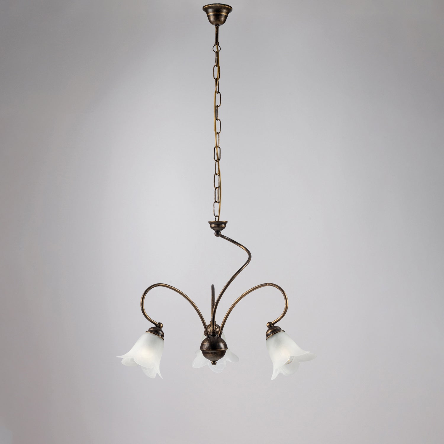 Lampadario 3 Luci Alice Ferro Battuto Marrone E Oro Vetro Bianco