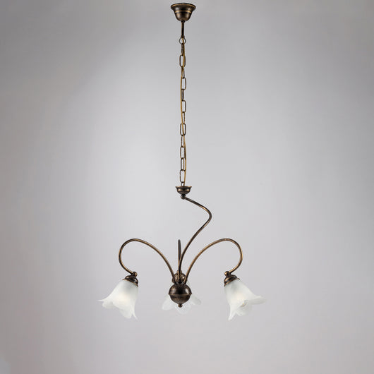 Lampadario 3 Luci Alice Ferro Battuto Marrone E Oro Vetro Bianco