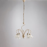 Lampadario 5 Luci Alice Ferro Battuto Avorio E Oro Vetro Bianco