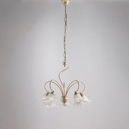 Lampadario 5 Luci Alice Ferro Battuto Avorio E Oro Vetro Bianco