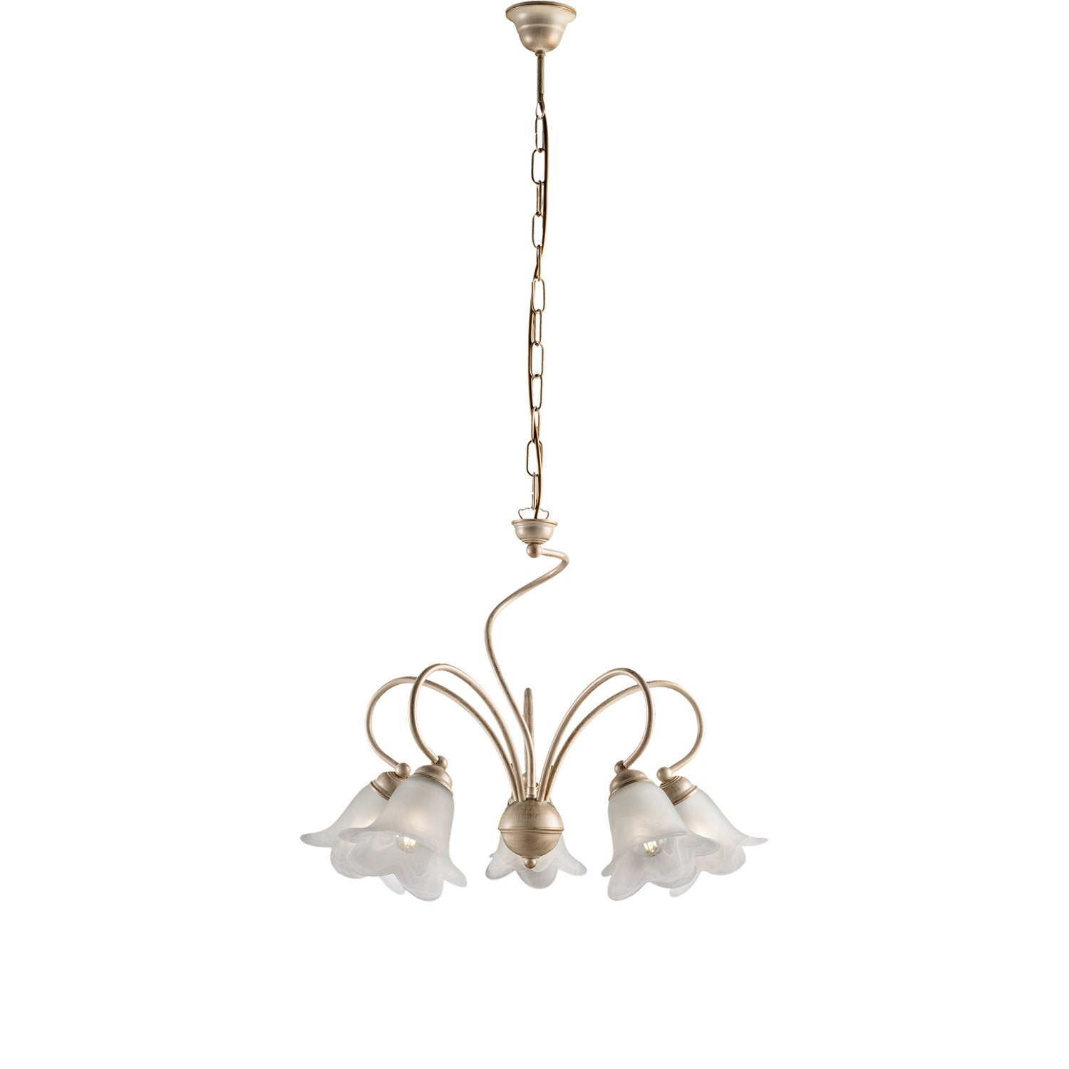 Lampadario 5 Luci Alice Ferro Battuto Avorio E Oro Vetro Bianco