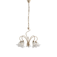 Lampadario 5 Luci Alice Ferro Battuto Avorio E Oro Vetro Bianco