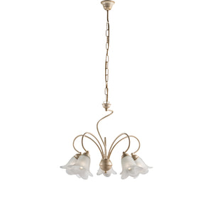 Lampadario 5 Luci Alice Ferro Battuto Avorio E Oro Vetro Bianco