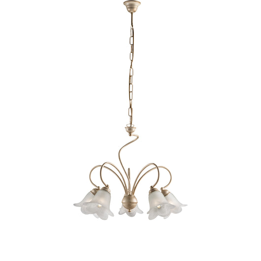 Lampadario 5 Luci Alice Ferro Battuto Avorio E Oro Vetro Bianco