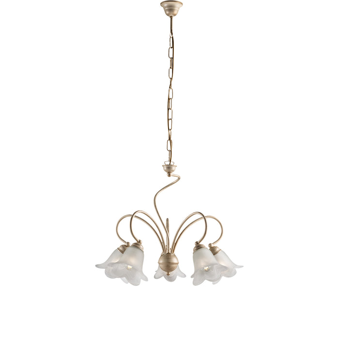 Lampadario 5 Luci Alice Ferro Battuto Avorio E Oro Vetro Bianco