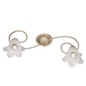 Plafoniera 2 Luci Alice Ferro Battuto Avorio E Oro Vetro Bianco